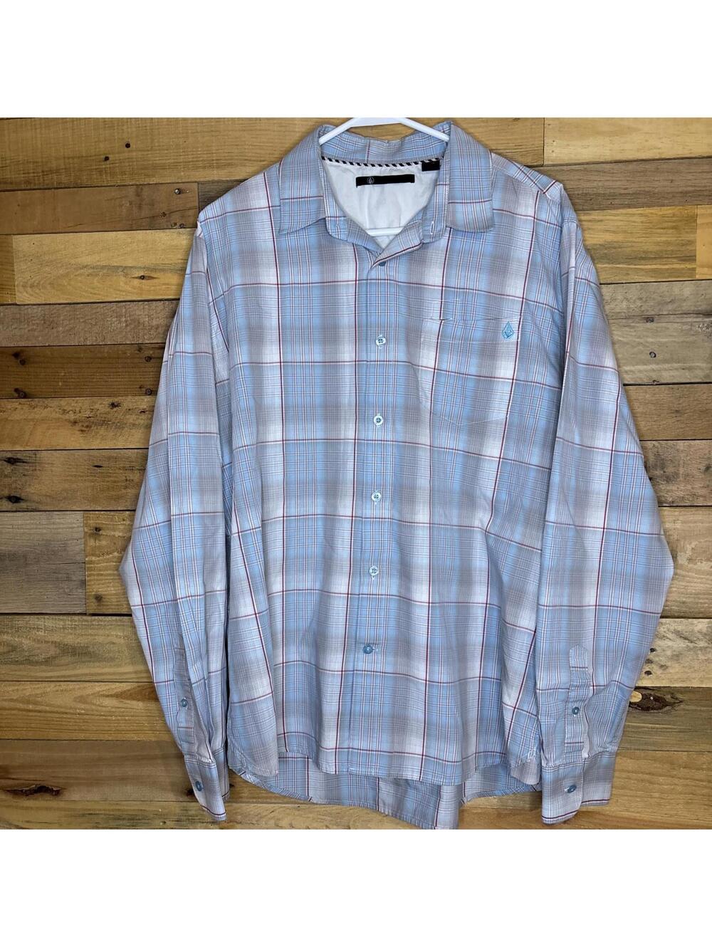 Volcom Shirt Men's Button Up Lon Sleeve Large Light Blue Plaid Preppy Western